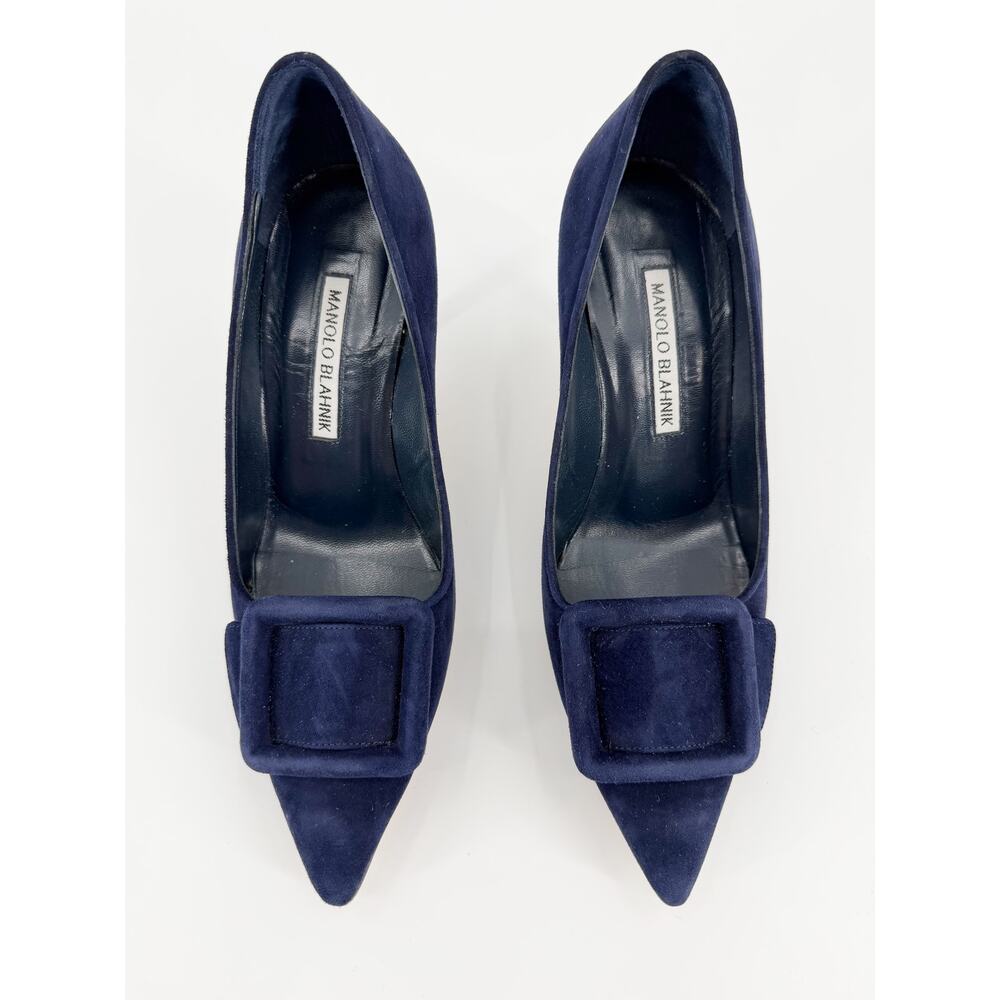 Manolo Blahnik Maysale Navy Suede Pointed Buckle Pump Heels Shoes 36 6 Mid